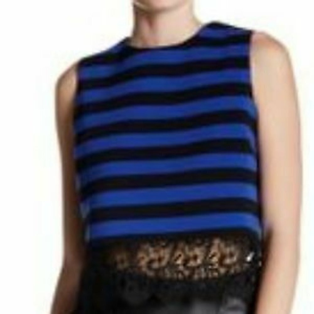 English Factory Blue and Black Lace Hem Crop Top